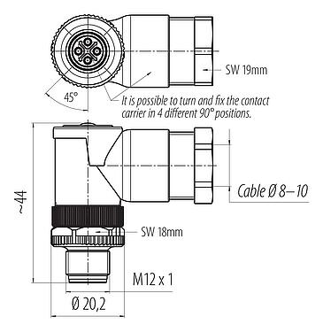 Dessin coté M12 Connecteur mâle coudé, Contacts: 3+PE, 8,0-10,0 mm, non blindé, pince à visser, IP67, UL 2238, VDE