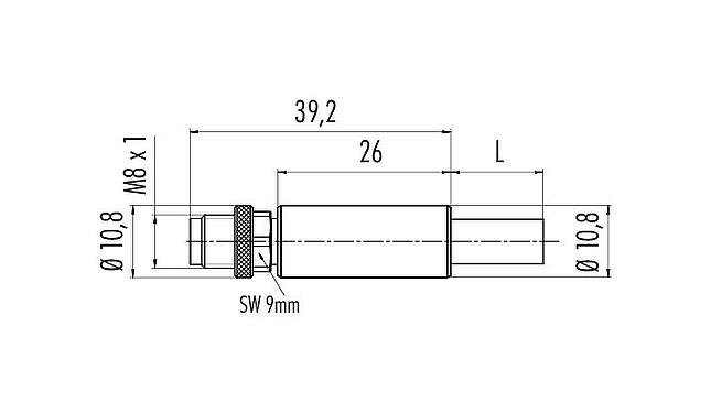 Maßzeichnung M8 Kabelstecker, Polzahl: 4, geschirmt, am Kabel angespritzt, IP67, Profinet/Ethernet CAT5e, PUR, grün, 4 x AWG 22, 2 m