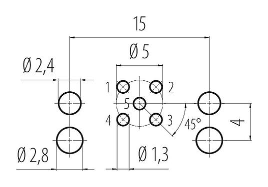 導體佈局 99 3442 202 05 - M12 孔頭法蘭座，彎角, : 5, 非遮罩, THR, IP68, UL, 用於PCB組裝
