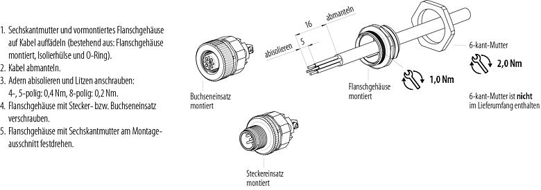 Montageanleitung M12 Flanschstecker, Polzahl: 8, ungeschirmt, schraubklemm, IP67, UL 2238, M20x1,5, Frontmontage