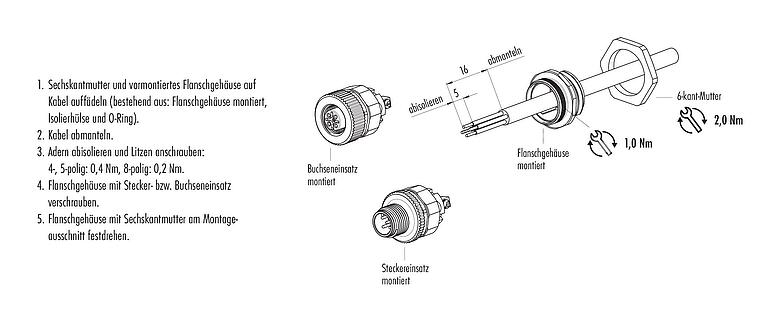 Montageanleitung M12 Flanschdose, Polzahl: 4, ungeschirmt, schraubklemm, IP67, UL 2238, VDE, M20x1,5, Frontmontage, für die Spannungsversorgung (Power)