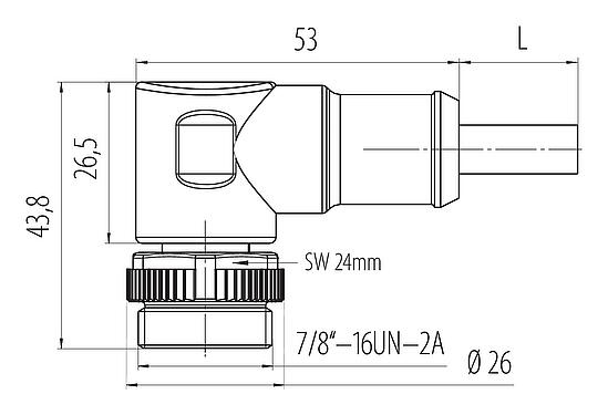 Dessin coté 7/8" Connecteur mâle coudé, Contacts: 4, non blindé, surmoulé sur le câble, IP68, UL 2238, PUR, noir, 4 x 1,50 mm², 2 m