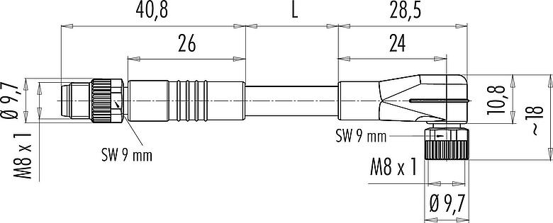 Scale drawing M8 Connecting cable male cable connector - female angled connector, Contacts: 4, unshielded, moulded on the cable, IP67/IP69K, UL 2238, PUR, black, 4 x 0.34 mm², 2 m