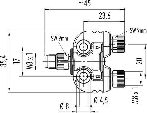 Maßzeichnung M8 Zweifachverteiler, Y-Verteiler, Stecker - 2 Dosen, Polzahl: 4/3, ungeschirmt, steckbar, IP67, UL 2238