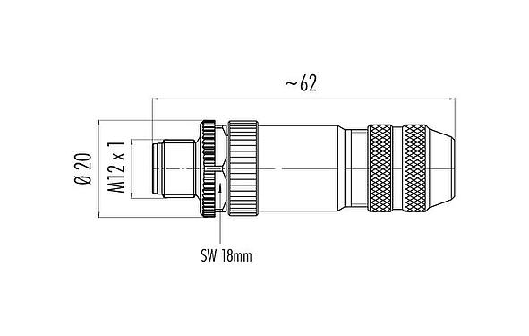 Výkres v měřítku M12 Zástrčka kabelu, : 12, 6,0-8,0 mm, stínitelné, pájka, IP67, UL 2238, s ochranným kroužkem