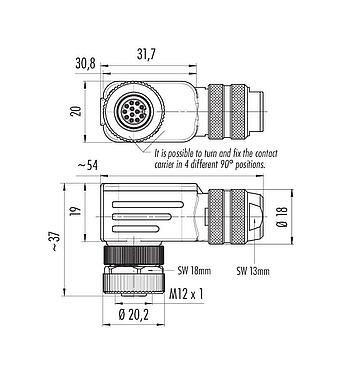 Disegno in scala M12 Connettore angolare femmin, Numero poli: 12, 6,0-8,0 mm, schermabile, saldare, IP67, UL 2238, con anello di schermatura