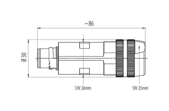 Bản vẽ tỷ lệ Lưỡi lê Phích cắm cáp, Số lượng cực : 6 (3+PE+2), 7,0-14,0mm, không có chống nhiễu, kẹp vít, IP67 đặt và khóa, UL 2237