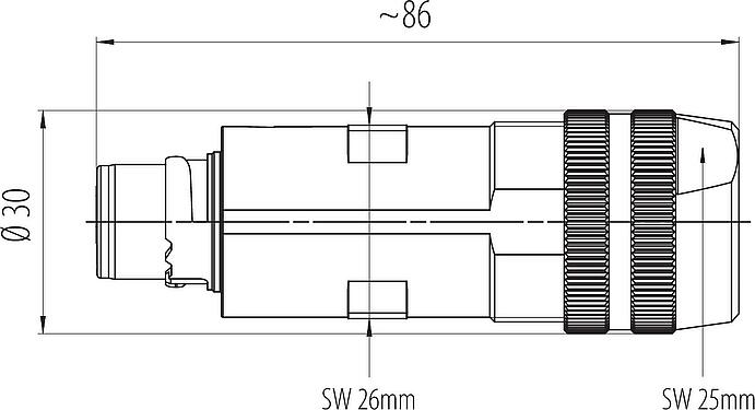 Scale drawing Bayonet Male cable connector, Contacts: 6 (3+PE+2), 7.0-14.0 mm, unshielded, screw clamp, IP67 plugged and locked, UL 2237
