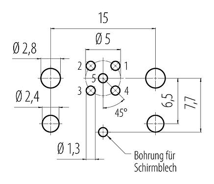 Leiterplattenlayout M12 Flanschstecker, Polzahl: 5, ungeschirmt, THR, IP67, UL 2238, M12x1,0, Rückwandmontage