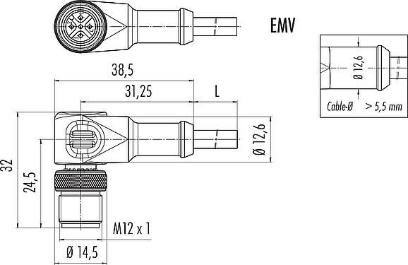 Dessin coté M12 Connecteur mâle coudé, Contacts: 8, blindé, surmoulé sur le câble, IP67, UL 2238, PUR, noir, 8 x 0,25 mm², 2 m
