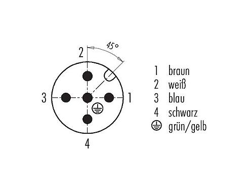 Polbild (Steckseite) 77 3427 0000 80005-1000 - M12 Winkelstecker, Polzahl: 5, ungeschirmt, am Kabel angespritzt, IP68, UL, PUR, orange, 5 x 0,34 mm², für Schweißanwendungen, 10 m