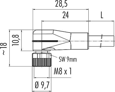 Scale drawing M8 Female angled connector, Contacts: 4, unshielded, moulded on the cable, IP67/IP69K, UL 2238, PUR, black, 4 x 0.34 mm², with LED PNP, 2 m