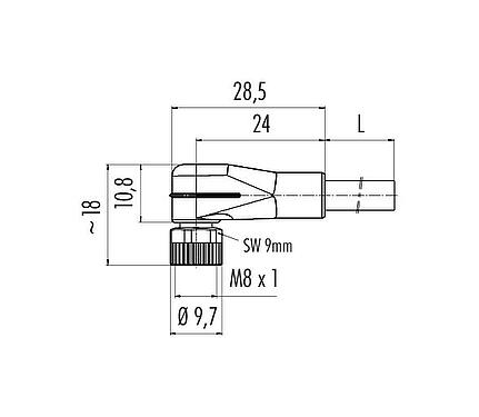 Desenho da escala M8 Tomada angular, Contatos: 3, desprotegido, moldado no cabo, IP67/IP69K, UL 2238, PUR, preto, 3 x 0,34 mm², com LED PNP, 2 m