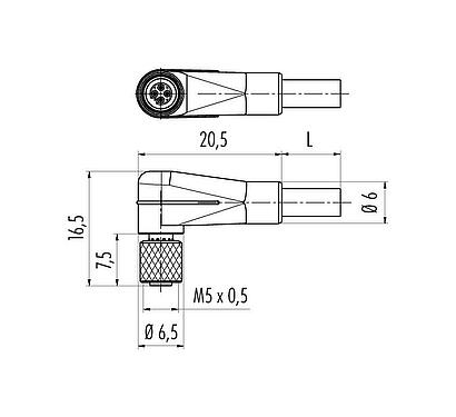 Disegno in scala M5 Connettore angolare femmin, Numero poli: 3, non schermato, stampato sul cavo, IP67, UL 2238, M5x0,5, PUR, nero, 3 x 0,14 mm², 2 m