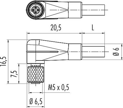 Dessin coté M5 Connecteur femelle coudé, Contacts: 3, non blindé, surmoulé sur le câble, IP67, UL 2238, M5x0,5, PUR, noir, 3 x 0,14 mm², 2 m
