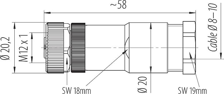 Dessin coté M12 Connecteur femelle, Contacts: 4, 8,0-10,0 mm, non blindé, pince à visser, IP67, UL 2238, VDE