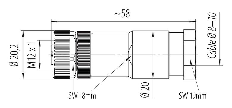 Dessin coté M12 Connecteur femelle, Contacts: 4, 8,0-10,0 mm, non blindé, pince à visser, IP67, UL 2238, VDE
