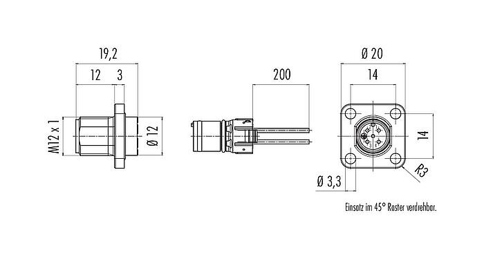Maßzeichnung M12 Vierkant-Flanschstecker, Polzahl: 5, ungeschirmt, Litzen, IP69k, IP68, IP67, UL 2238, M3 (4x), Frontmontage, Vierkantgehäuse 20 mm, Kodierungsausrichtung positionierbar