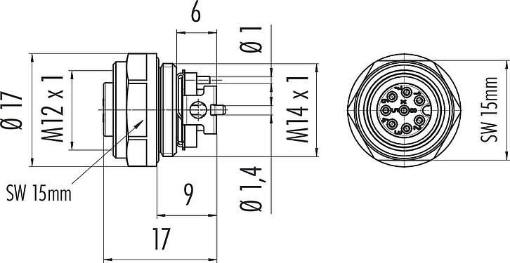 Dessin coté M12 Embase femelle, Contacts: 8, blindable, SMT, IP67, M14x1,0, Montage frontal