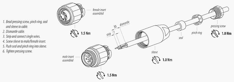 инструкция по сборке 7/8" Кабельный штекер, Количество полюсов: 4+PE, 6,0-8,0 мм, не экранированный, винтовая клемма, IP67, UL 2238, VDE