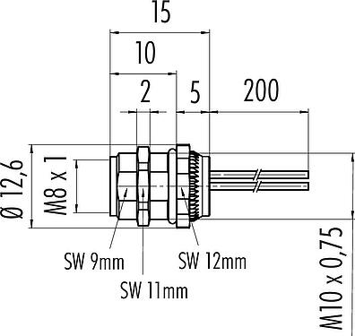 Výkres v měřítku M8 Přírubová zásuvka, : 6, nestíněný, Splétané vodiče, IP67/IP69K, UL 2238, M10x0,75, Montáž na zadní stěnu, tvarované