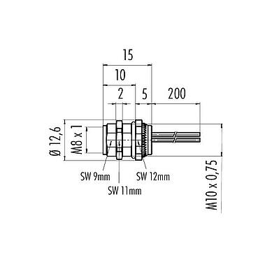 Schaaltekening M8 Female panel mount connector, aantal polen: 3, onafgeschermd, draden, IP67/IP69K, UL 2238, M10x0,75, Achterwandmontage, gegoten