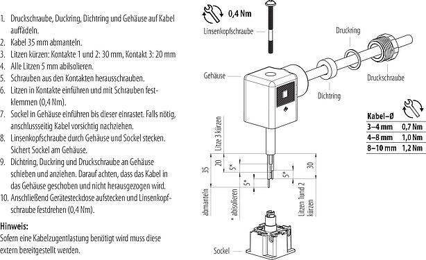 Montageanleitung Gerätesteckdose, Polzahl: 3+PE, 8,0-10,0 mm, ungeschirmt, schraubklemm, IP40 ohne Dichtung, UL, ESTI+, VDE, PG 11