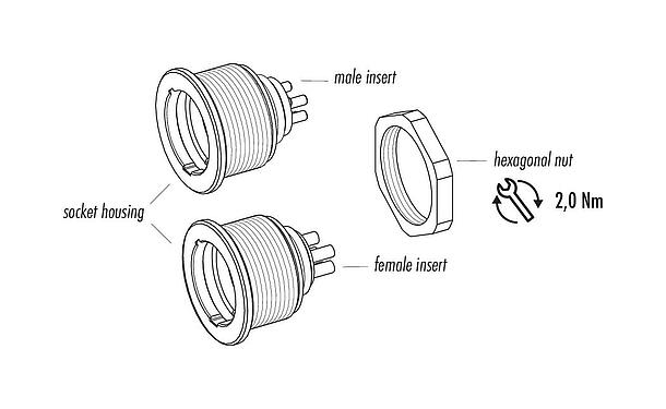 Component part drawing Push Pull Female panel mount connector, Contacts: 14, unshielded, solder, IP67, M21x1,0, Rear mounting