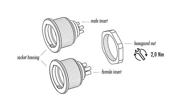 Component part drawing 09 4807 25 03 - Push Pull Male panel mount connector, Contacts: 3, unshielded, solder, IP40