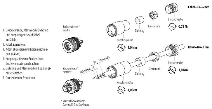 Montageanleitung M12 Kabelstecker, Polzahl: 4, 4,0-6,0 mm, ungeschirmt, schraubklemm, IP67, UL 2238