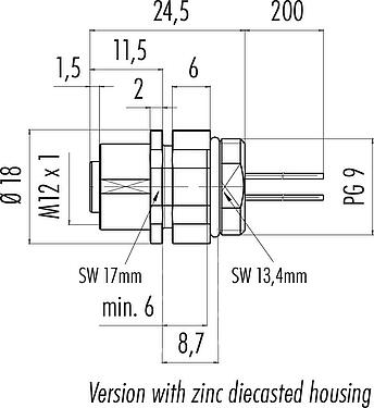 Scale drawing M12 Female panel mount connector, Contacts: 4, unshielded, single wires, IP68, UL 2238, PG 9, Front mounting