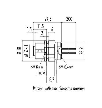 Scale drawing M12 Female panel mount connector, Contacts: 4, unshielded, single wires, IP68, UL 2238, PG 9, Front mounting