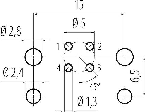 Conductor layout M12 Female panel mount connector, Contacts: 4, unshielded, THR, IP67, UL 2238, M12x1.0, Rear mounting
