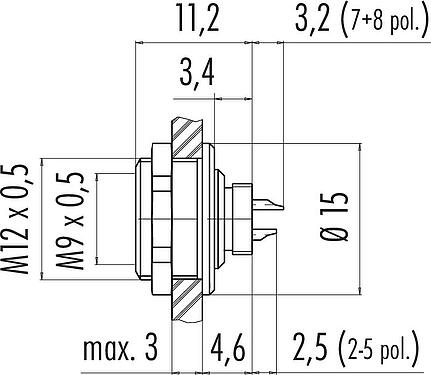 Scale drawing M9 Female panel mount connector, Contacts: 7, unshielded, solder, IP67, M12x0.5, Rear mounting