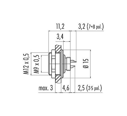 Scale drawing 09 0424 80 07 - M9 Female panel mount connector, Contacts: 7, unshielded, solder, IP67, front fastened