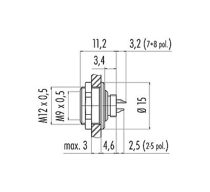 Scale drawing M9 Female panel mount connector, Contacts: 2, unshielded, solder, IP67, M12x0.5, Rear mounting