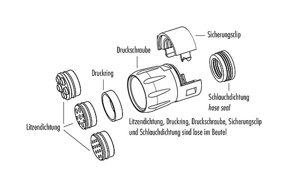 Maßzeichnung Bajonett Schlauchverschraubung, ohne Druckring, für Polzahl 4+3+PE, ohne Druckring