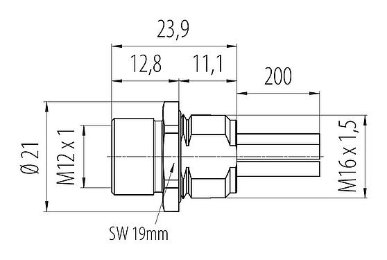 Dessin coté M12 Embase femelle, Contacts: 4+FE, non blindé, fils, IP68, M16x1,5, Montage frontal, UL 2237 en préparation