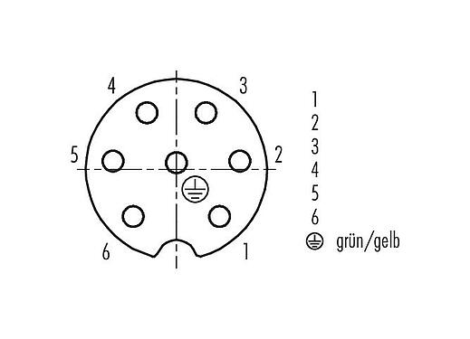 Polbild (Steckseite) RD24 Flanschdose, Polzahl: 6+PE, ungeschirmt, schraubklemm, IP67, UL, ESTI+, VDE, Frontmontage