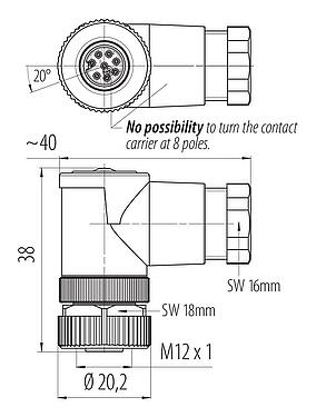 Disegno in scala M12 Connettore angolare femmin, Numero poli: 8, 6,0-8,0 mm, non schermato, morsetto a vite, IP67, UL 2238
