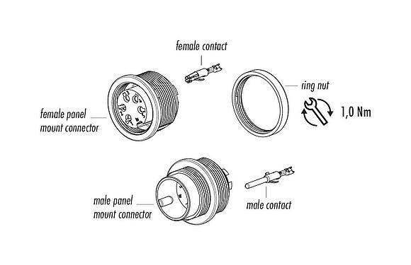 Component part drawing M16 Female panel mount connector, Contacts: 6 (06-a), unshielded, crimping (Crimp contacts must be ordered separately), IP67, UL 2238, M18x0,75, Front mounting