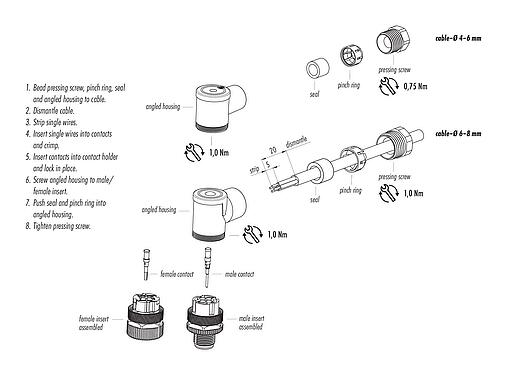Assembly instructions M12 Female angled connector, Contacts: 4, 4.0-6.0 mm, unshielded, crimping (Crimp contacts must be ordered separately), IP67, UL 2238