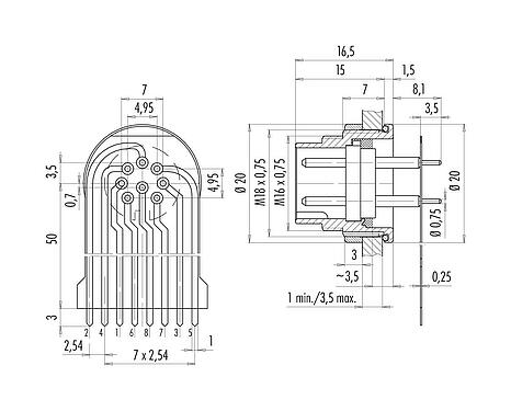 Anschluss & Maße
M16 Flanschstecker, Polzahl: 8 (08-a), ungeschirmt, THT, IP68, M18x0,75, Rückwandmontage