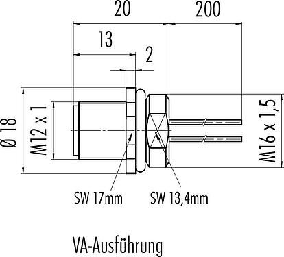Maßzeichnung M12 Flanschstecker, Polzahl: 4, ungeschirmt, Litzen, IP68, UL 2238, M16x1,5, Frontmontage, Edelstahl, vergossen