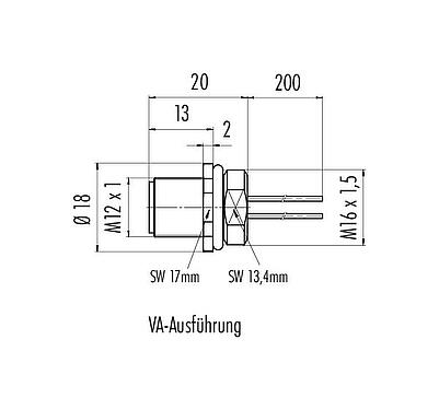 Maßzeichnung M12 Flanschstecker, Polzahl: 8, ungeschirmt, Litzen, IP68, UL 2238, M16x1,5, Frontmontage, Edelstahl, vergossen