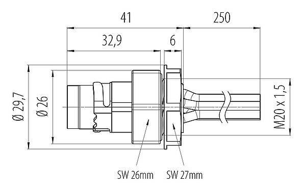 Dessin coté Baïonnette Embase mâle, Contacts: 6, blindable, fils, IP66/IP67, UL 2237, M20x1,5, Montage frontal