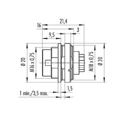 Maßzeichnung M16 Flanschstecker, Polzahl: 4 (04-a), ungeschirmt, crimpen (Crimpkontakte müssen separat bestellt werden), IP67, UL 2238, M18x0,75, Frontmontage