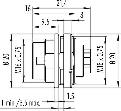 Bản vẽ tỷ lệ M16 Phích cắm gắn bảng, Số lượng cực : 4 (04-a), không có chống nhiễu, bấm (Tiếp điểm bấm phải được đặt hàng riêng), IP67, UL 2238, M18x0,75, Gắn phía trước