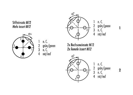 Polbild (Steckseite) M12 Kabelsplitter Kabelstecker - 2 Kabeldosen, Polzahl: 2, geschirmt, am Kabel angespritzt, IP67, Profibus, PUR, violett, 2 x 0,25 mm², 1 m