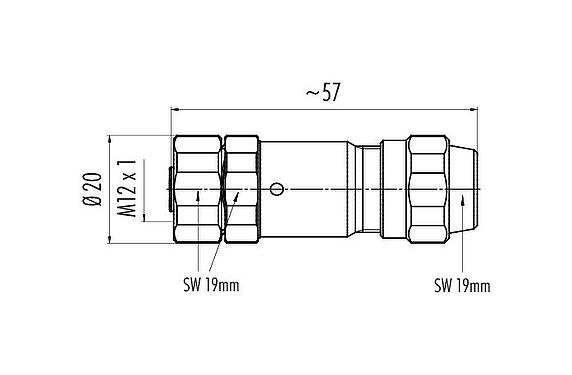 Dessin coté M12 Connecteur femelle, Contacts: 4, 5,5-8,6 mm, blindable, pince à visser, IP68/IP69K, UL 2238, Ecolab, Acier inoxydable, avec anneau de protection